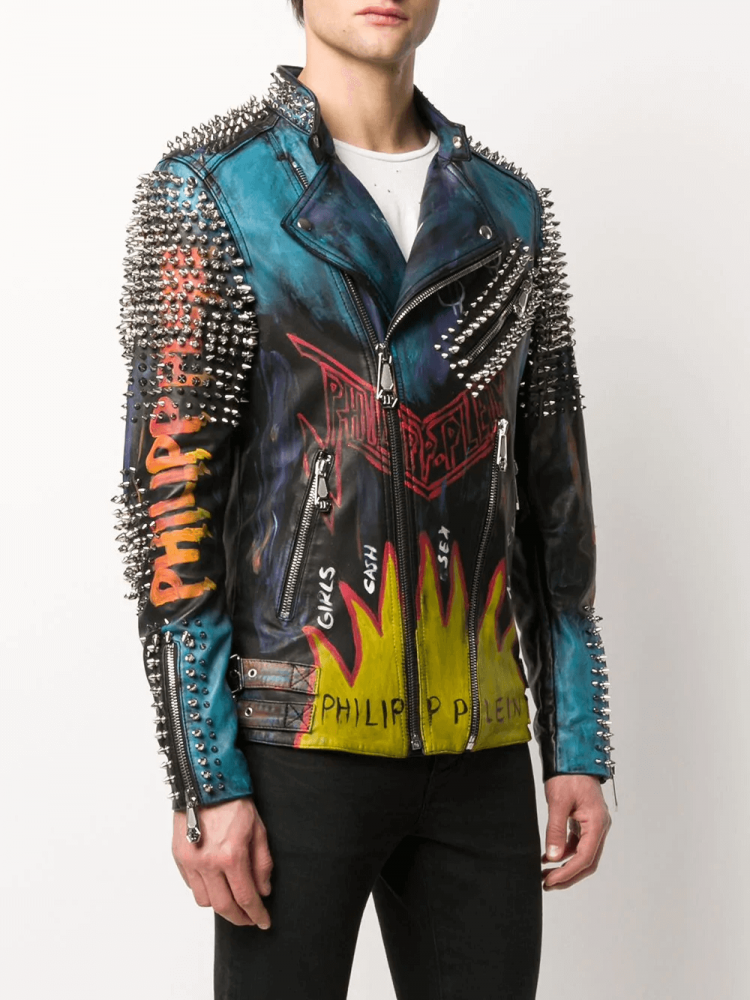Men's Evil Smile studded biker leather jacket - front