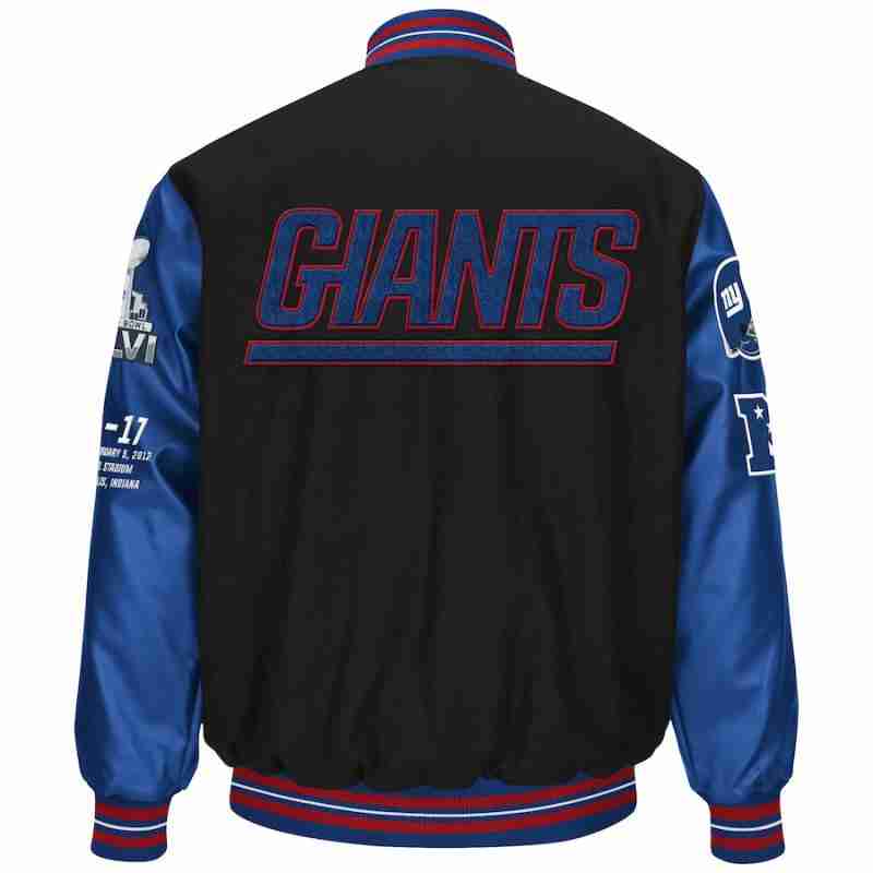 Men's NY Giants 10-Year Anniversary black and blue varsity jacket - back view