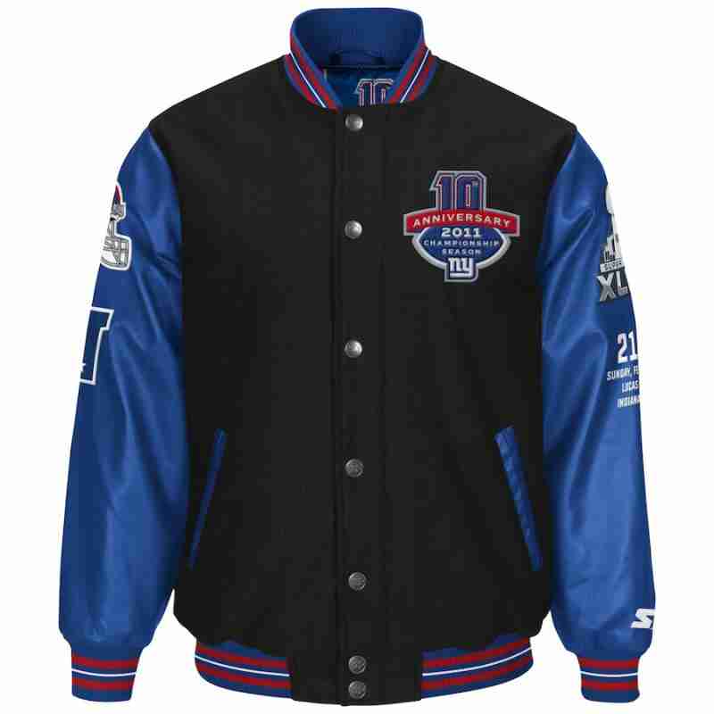 Men's NY Giants 10-Year Anniversary black and blue varsity jacket - front view