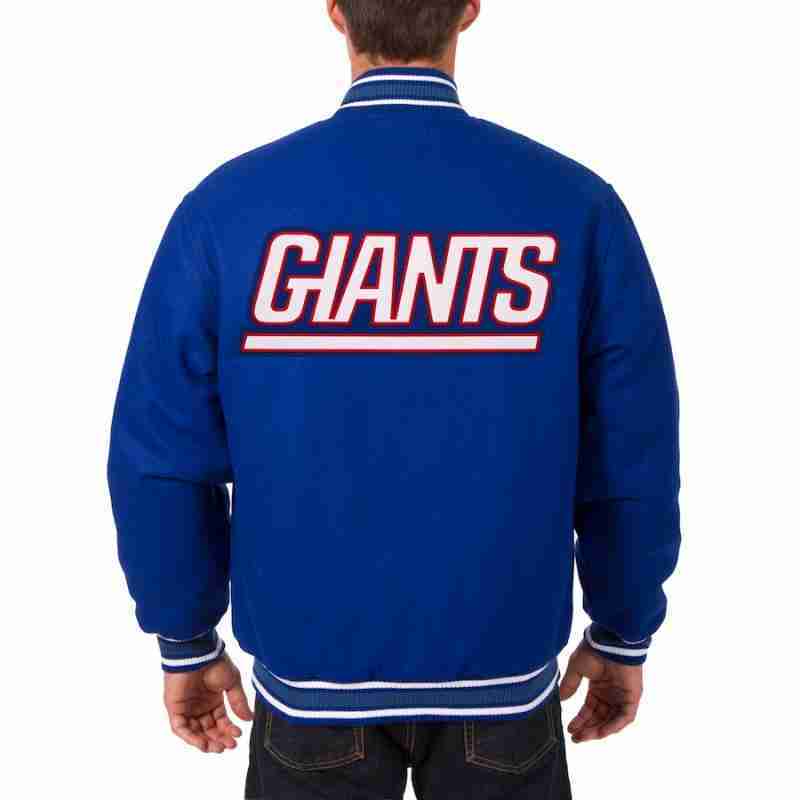 Front of NFL NY Giants blue reversible woolen varsity jacket