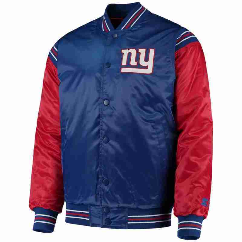 Men's NFL New York Giants Red and Blue Enforcer Satin Varsity Jacket - front view