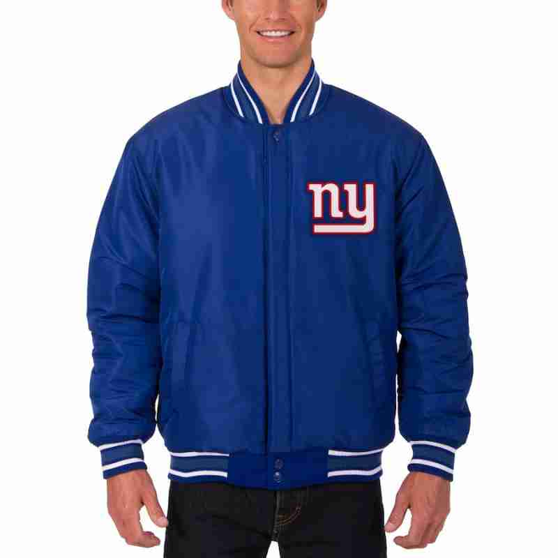 Back of NFL NY Giants blue reversible woolen varsity jacket