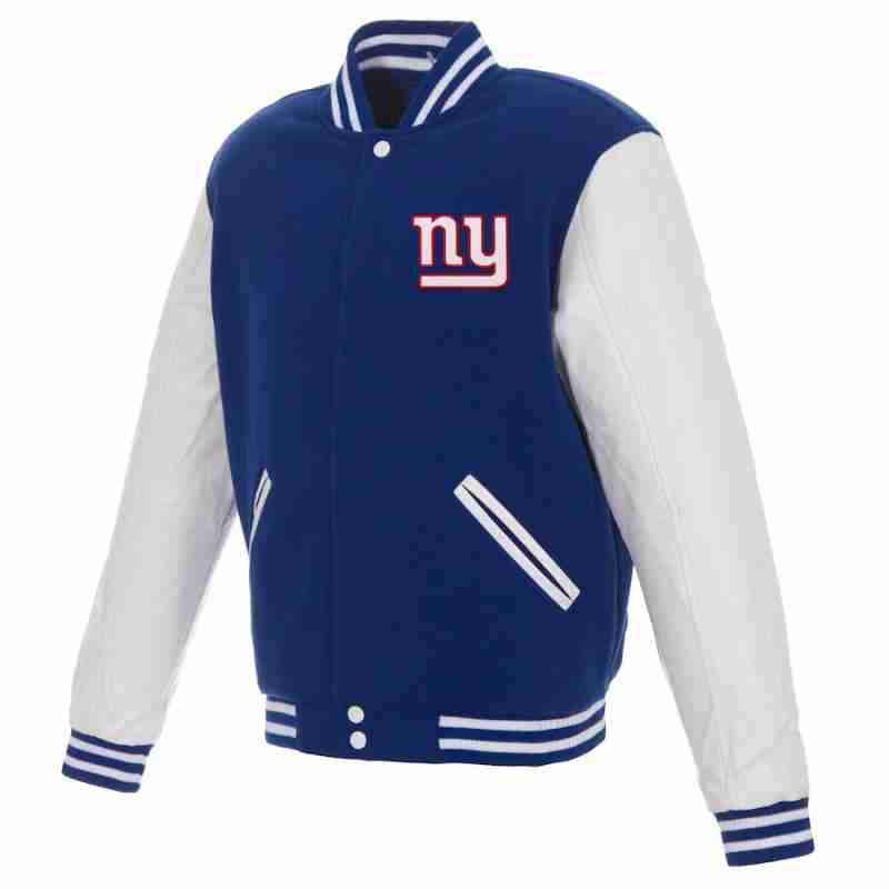 Men's NFL New York Giants reversible blue fleece jacket with white sleeves - front view