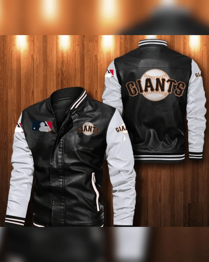 San Francisco Giants' leather bomber baseball jacket in black and white colors