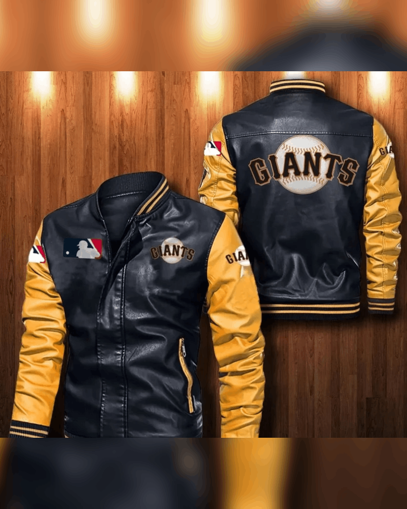 San Francisco Giants' leather bomber baseball jacket in black and yellow colors