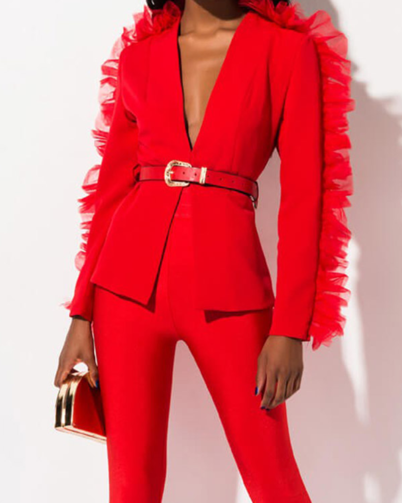 Women Red Ruffle Blazer Jacket