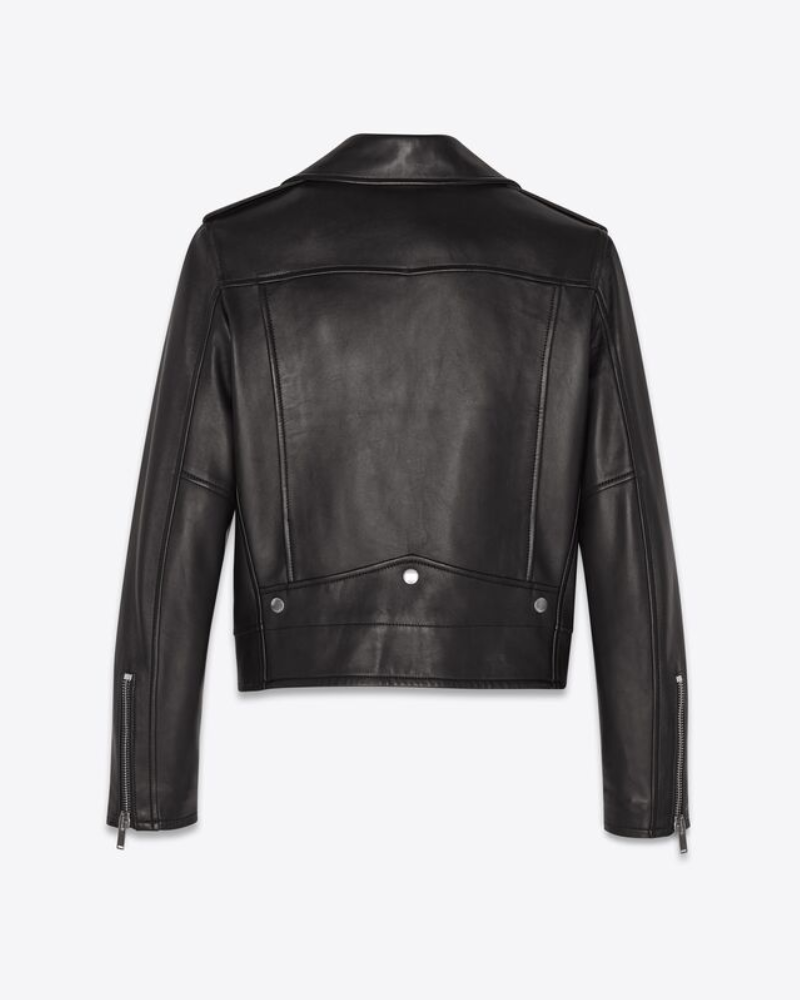 The Kid Laroi's black motrocycle leather jacket - back