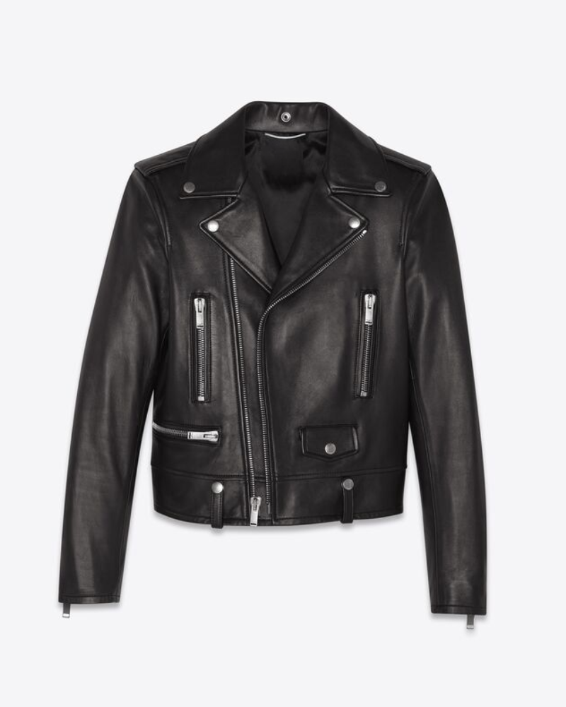 The Kid Laroi's black motrocycle leather jacket - front