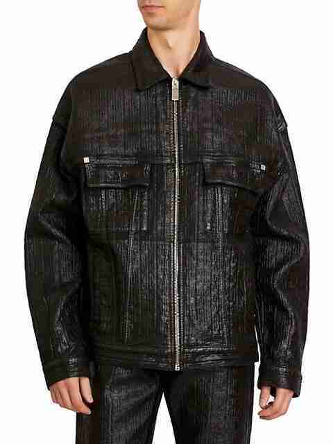 The Kid Laroi's black coated oversized denim jacket - front