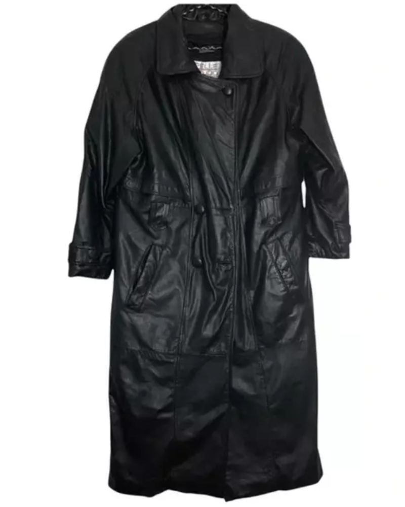 Women Leather Black Trench Coat