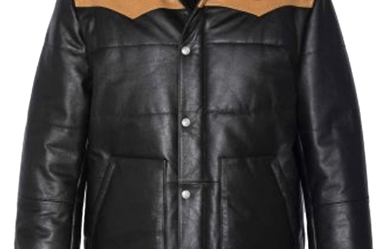 Men’s Puffer Rancher Black Leather Jacket with Fur Collar