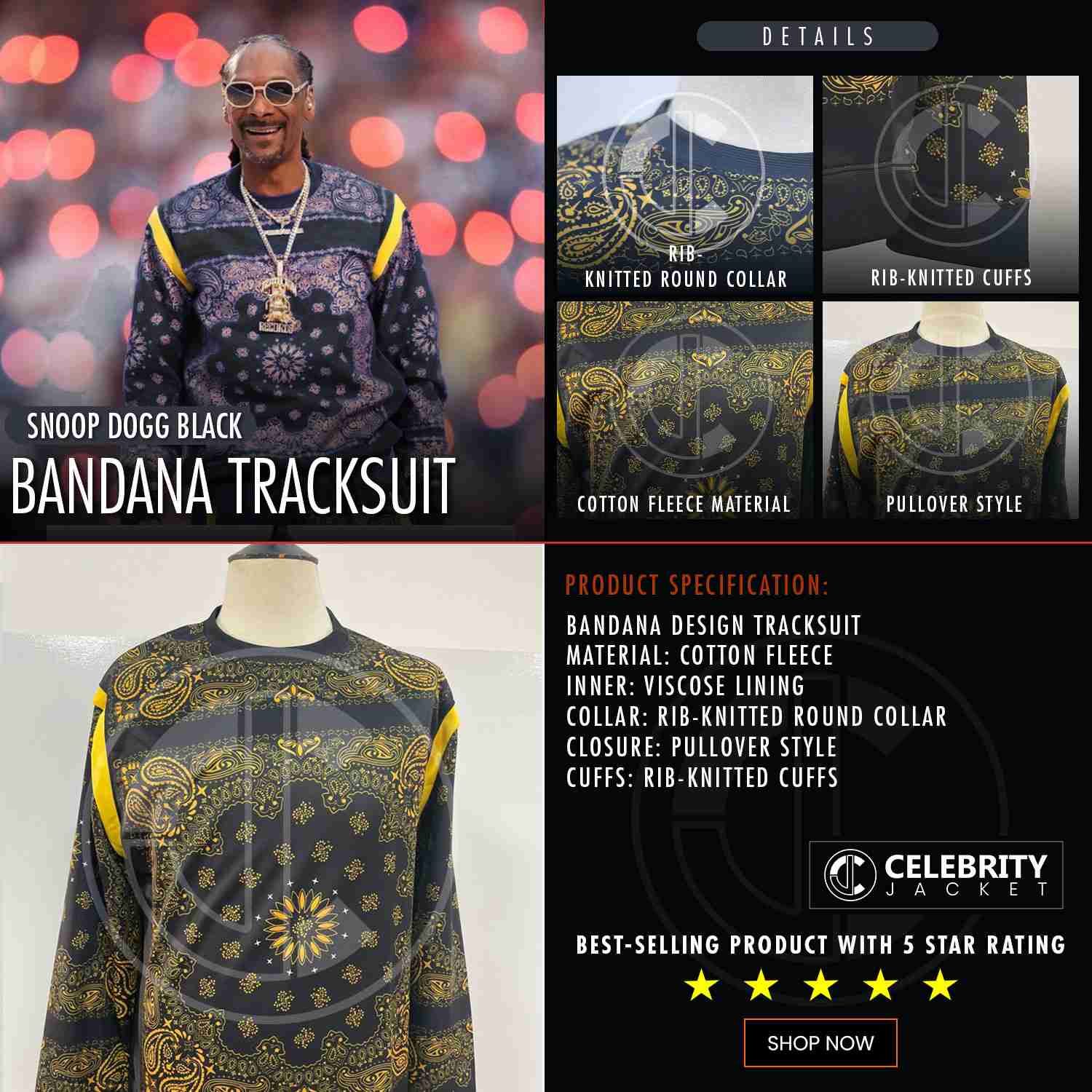 American Rapper Snoop Dogg Black Bandana Tracksuit