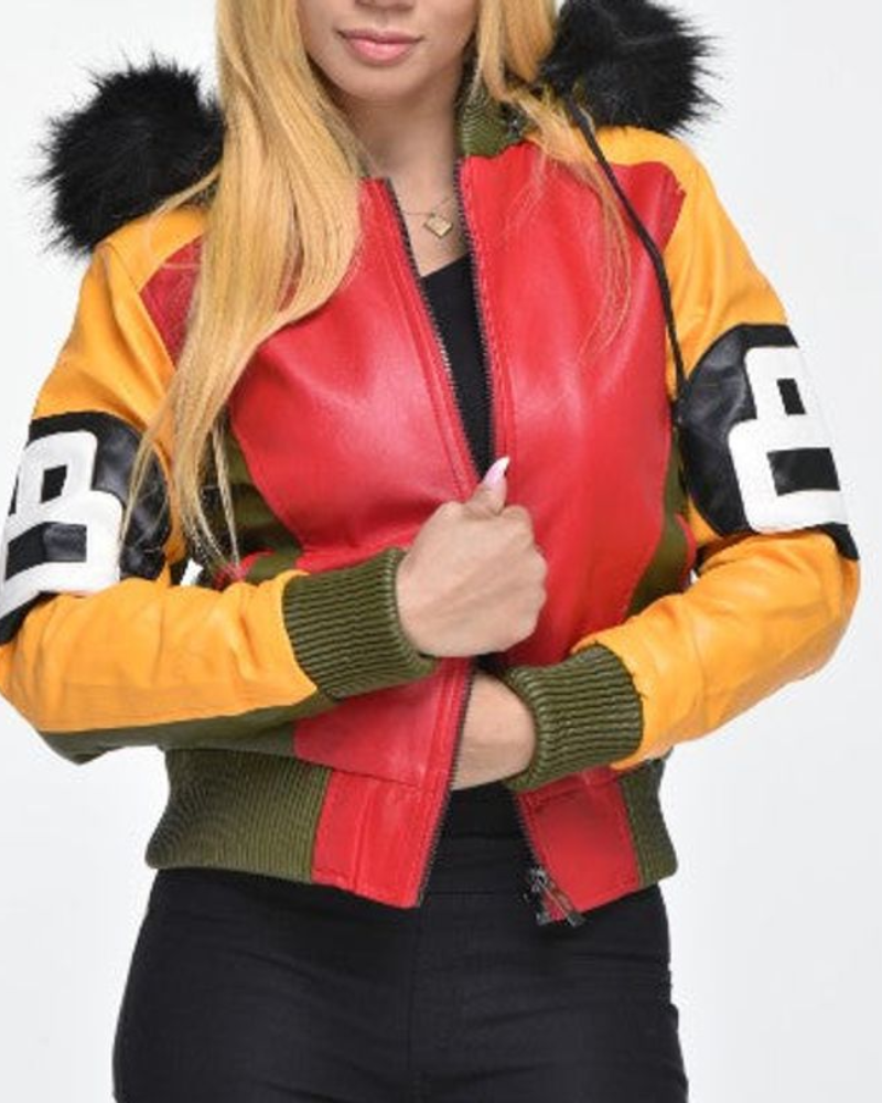 Ladies Eight Ball Faux Leather Bomber Jacket