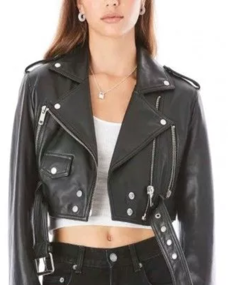 Ladies cropped leather on sale jacket