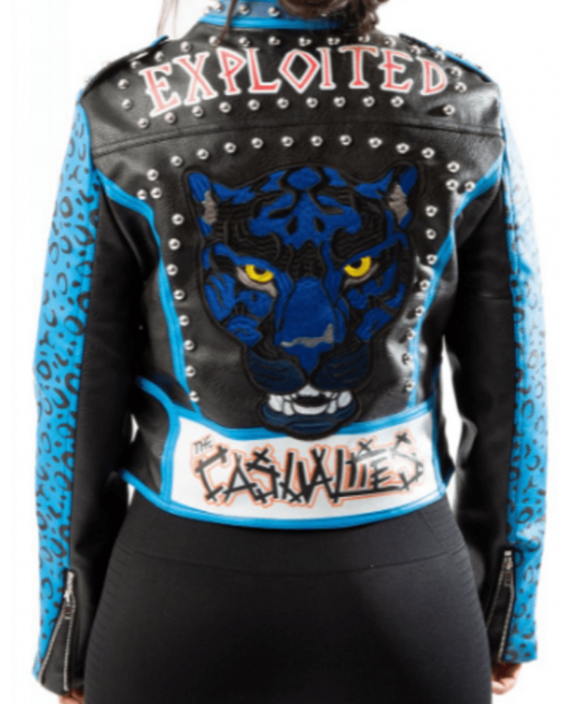 Women’s Graphic Studded Blue Leather Jacket