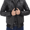Black Leather Bomber Jacket Mens in Hooded Style