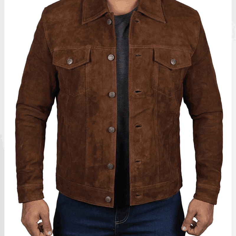 Dark Brown Trucker Shirt Collar Suede Jacket