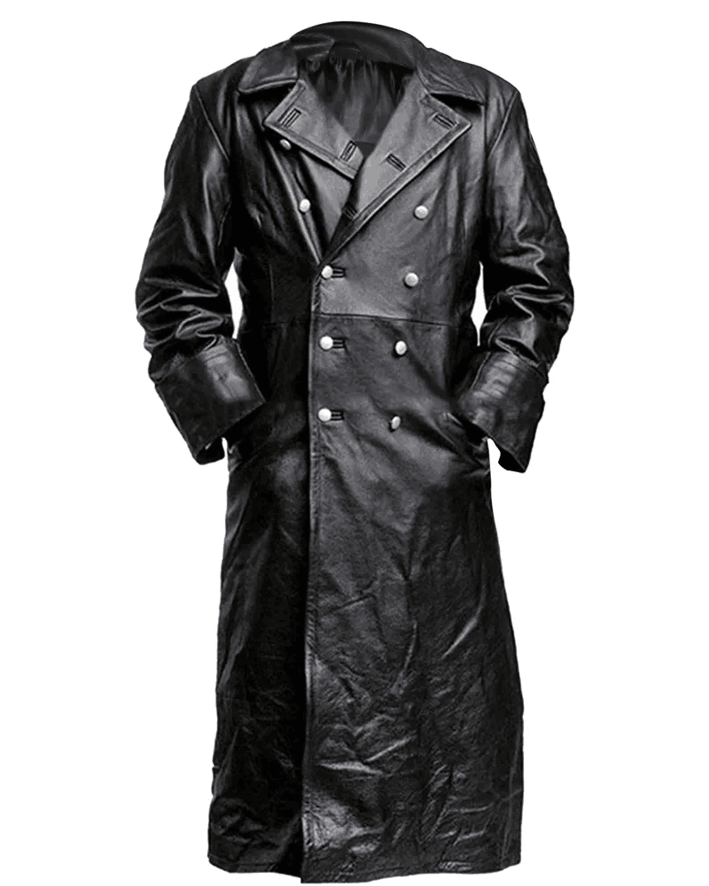 German Classic Officer Black Leather Trench Coat