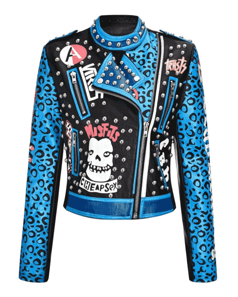 Women’s Graphic Studded Blue Leather Jacket