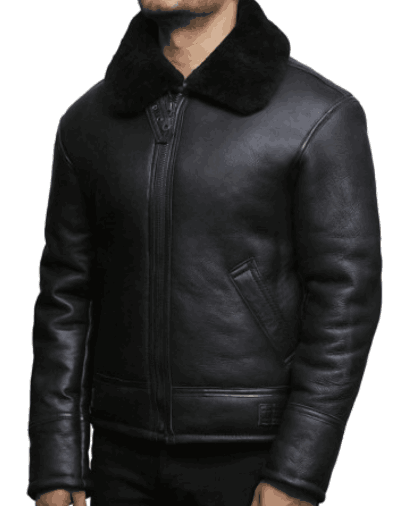Men's Air Force Leather Black Bomber Jacket Fur Collar
