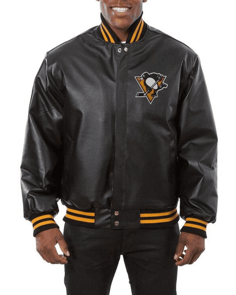 Pittsburgh Penguins Black Leather Bomber Varsity Jacket