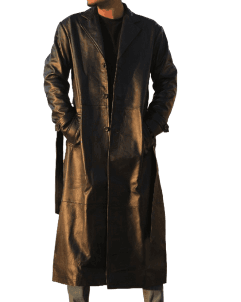 Stunning Men Leather Long Black Trench Coat