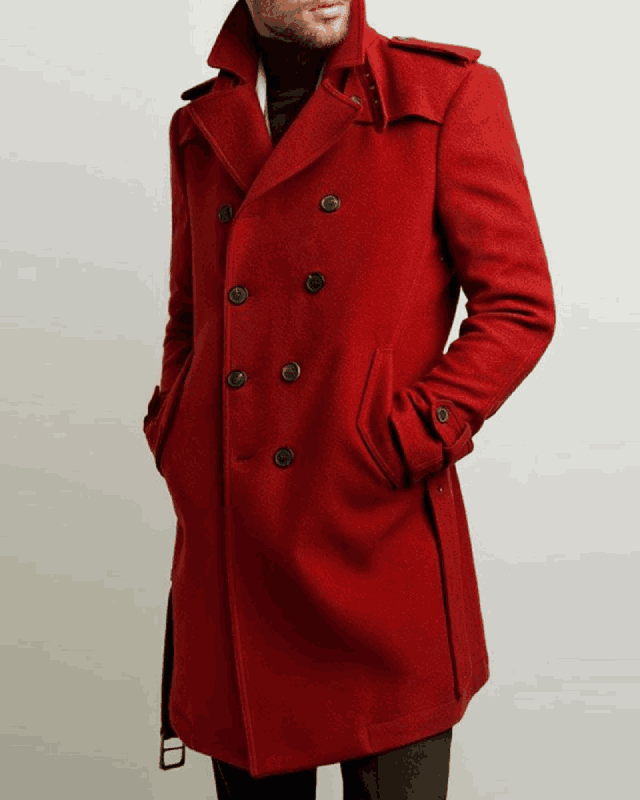 Men’s Belted Double Breasted Red Wool Coat