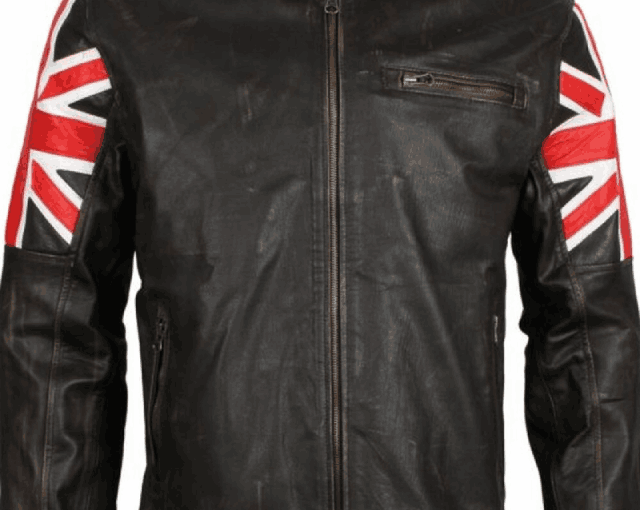 Men's British Flag Genuine Biker Brown Leather Jacket