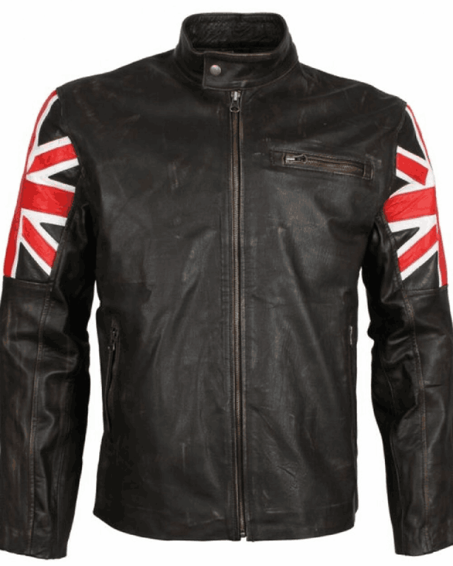 Men's British Flag Genuine Biker Brown Leather Jacket