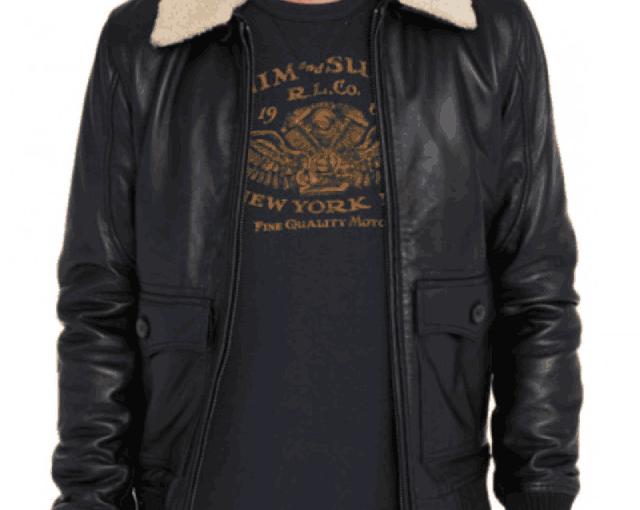 Men's Casual Wear Bomber Black Leather Fur Collar Jacket