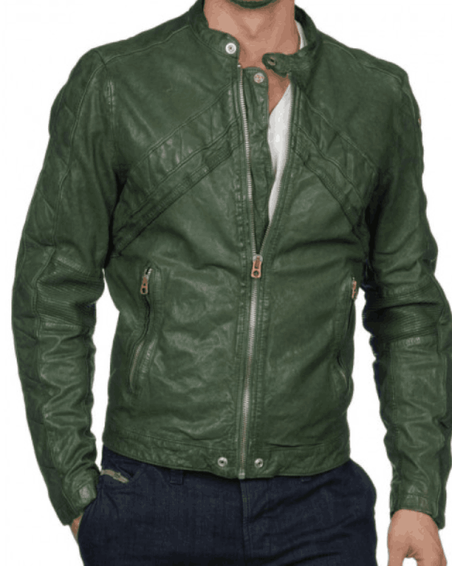 Men's 100% Real Leather Casual Wear Green Motorcycle Jacket