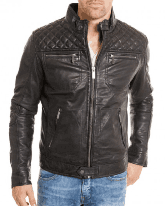 Men's Diamond Quilted Shoulder Motorcycle Black Jacket