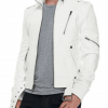 Men's FJM059 Pockets Style Biker Belted White Leather Jacket