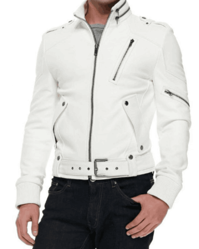 Men's FJM059 Pockets Style Biker Belted White Leather Jacket