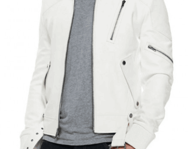Men's FJM059 Pockets Style Biker Belted White Leather Jacket