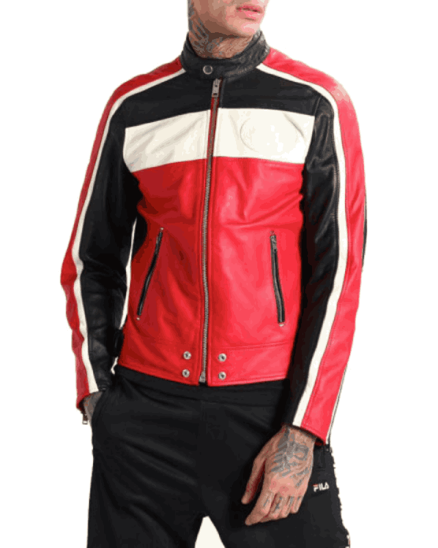 Men's FJM251 Striped Black Red and White Biker Leather Jacket