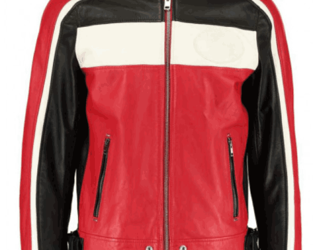 Men's FJM251 Striped Black Red and White Biker Leather Jacket