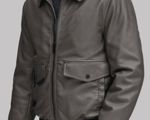 Mens Grey Leather Bomber Jacket