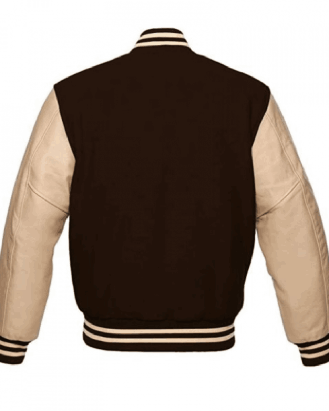 Men’s Brown Wool Varsity Bomber Jacket with Cream Leather Sleeves