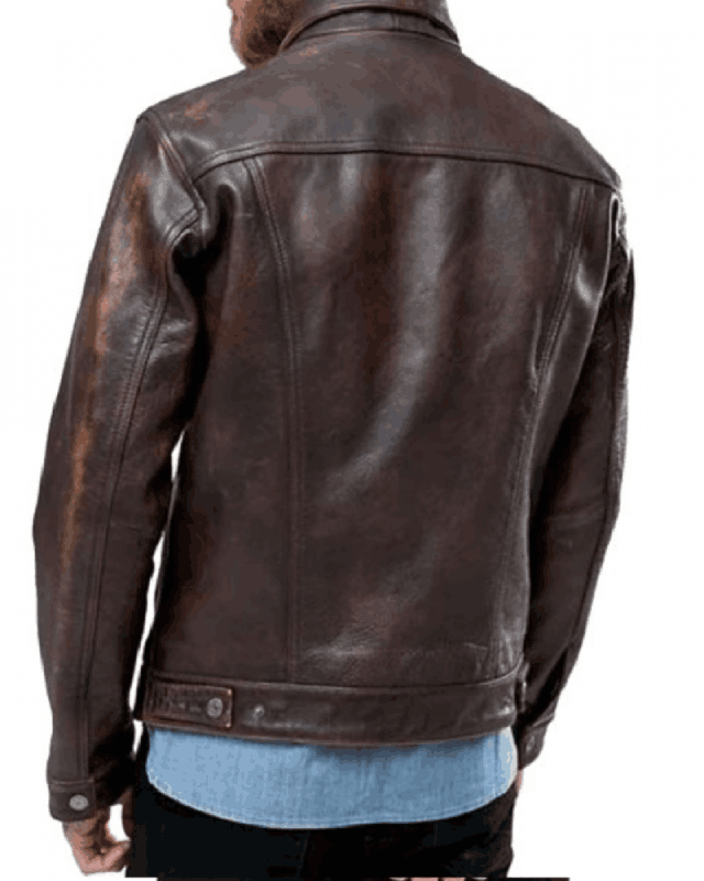 Men’s Trucker Rustic Buff Shirt Collar Brown Leather Jacket
