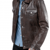 Men’s Trucker Rustic Buff Shirt Collar Brown Leather Jacket