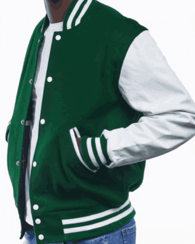 Men’s Snap Tab Closure Green Wool and White Leather Varsity Jacket