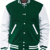Men’s Snap Tab Closure Green Wool and White Leather Varsity Jacket