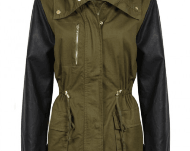 Women's Army Green Jacket with Black Leather Sleeves