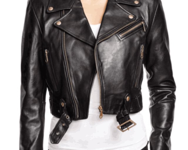 Women's Asymmetrical Cropped Belted Black Leather Jacket