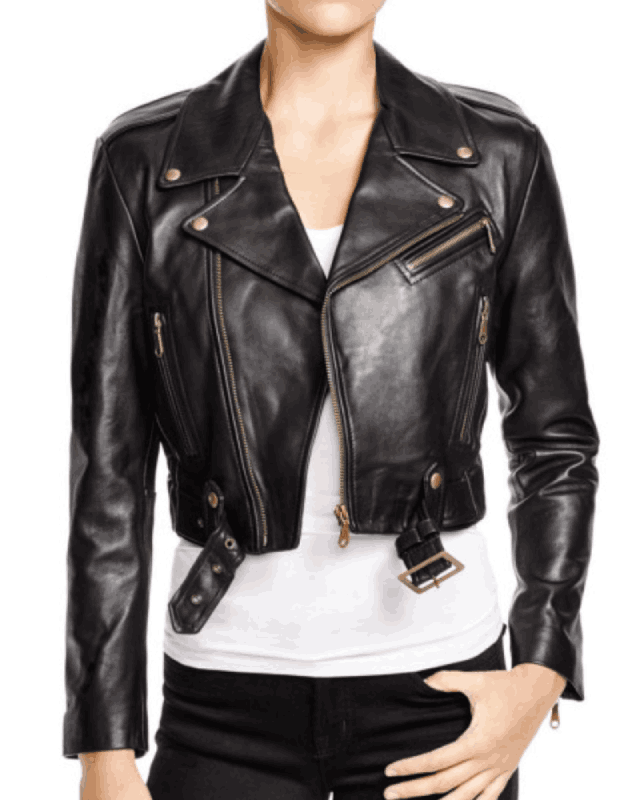 Women's Asymmetrical Cropped Belted Black Leather Jacket