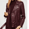 Women's Asymmetrical Zipper Belted Style Biker Burgundy Leather Jacket
