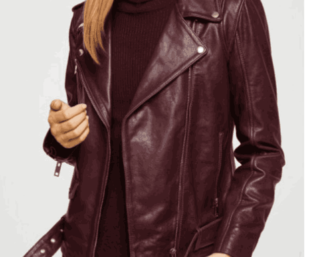 Women's Asymmetrical Zipper Belted Style Biker Burgundy Leather Jacket