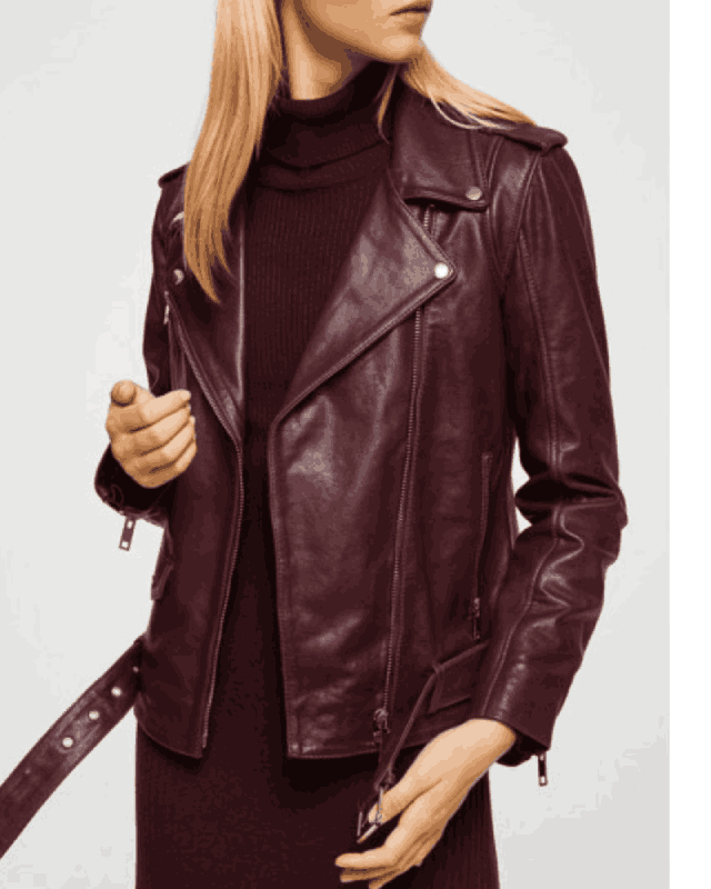 Women's Asymmetrical Zipper Belted Style Biker Burgundy Leather Jacket