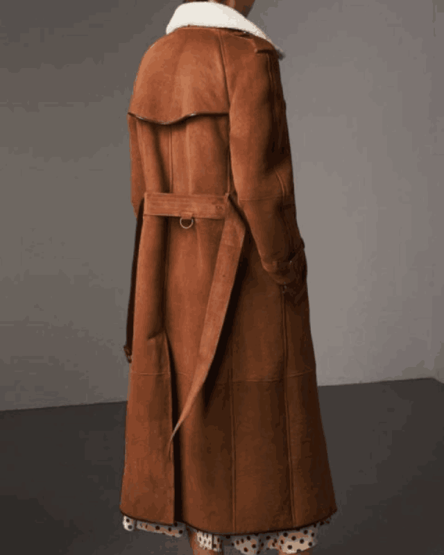 Brown Suede Double Breasted Coat For Women
